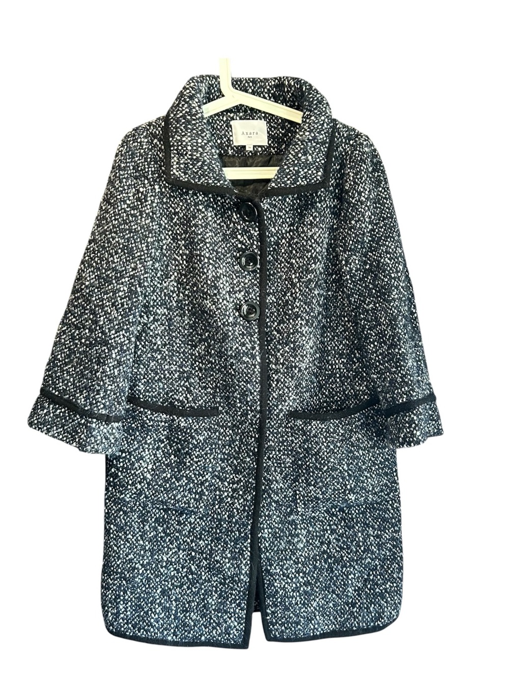 Axara Paris Tweed Navy Blue, Black & White Pea Coat with Contrast Trim